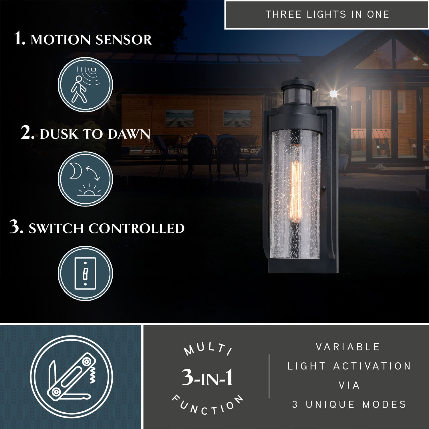 Lawton Steel LED Compatible Black Motion Sensor Dusk to Dawn Outdoor Wall Light Transitional Clear Glass