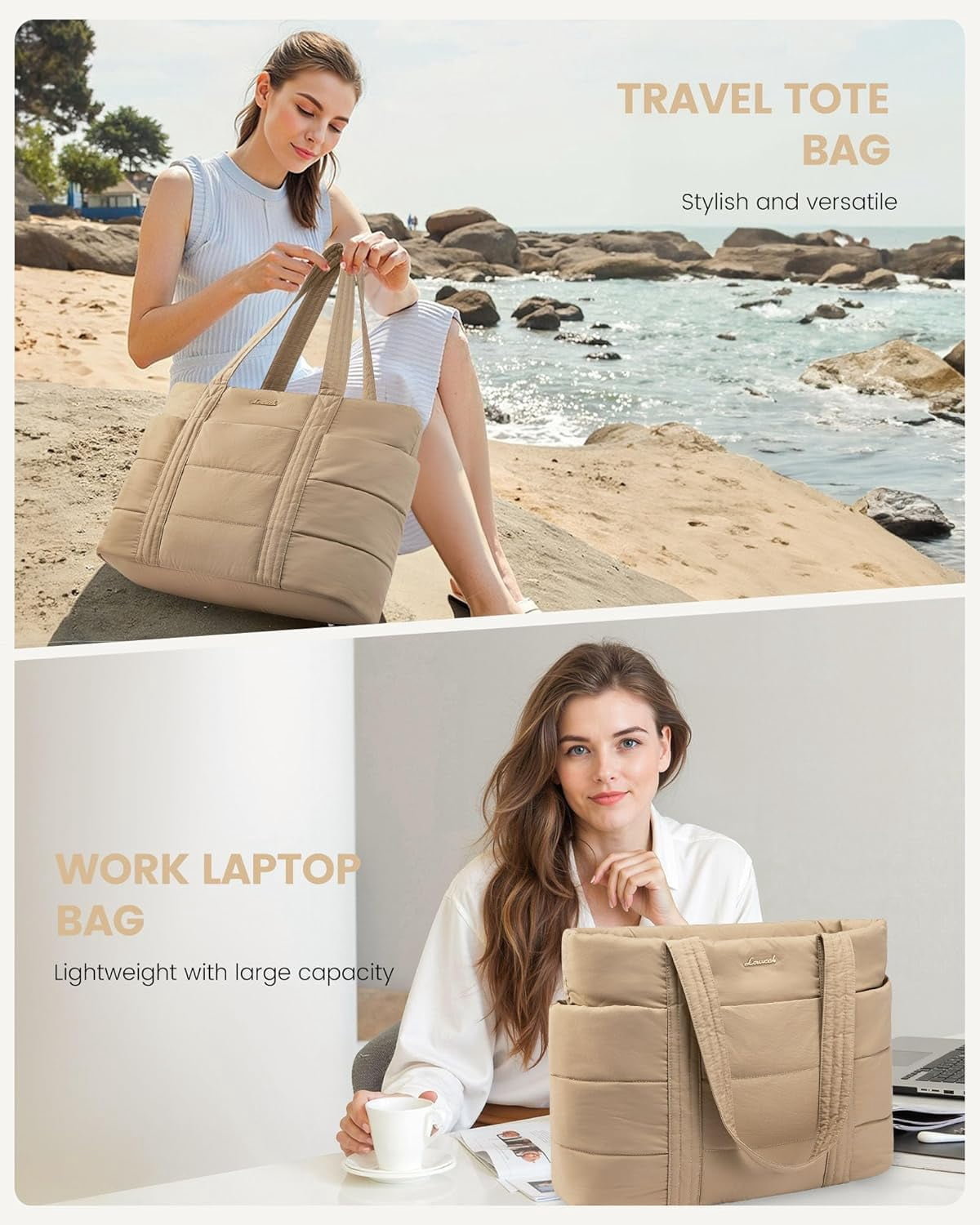 LOVEVOOK Tote Bag for Women, Large Puffer Work Tote Laptop Bag, Lightweight Travel Tote Bag with Zipper Gifts for Women