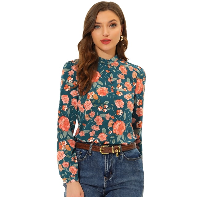 INSPIRE CHIC Blusa floral de manga larga con media tapeta vintage para mujer Verde oscuro XL