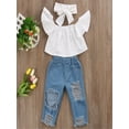 thumbnail image 2 of Gureui 3 Pcs Toddler Girls Jeans Set, Off Sloulder Top Ruffle Blouse + Blue Ripped Long Jeans + White Bowknot Headband Suits, 2 of 7