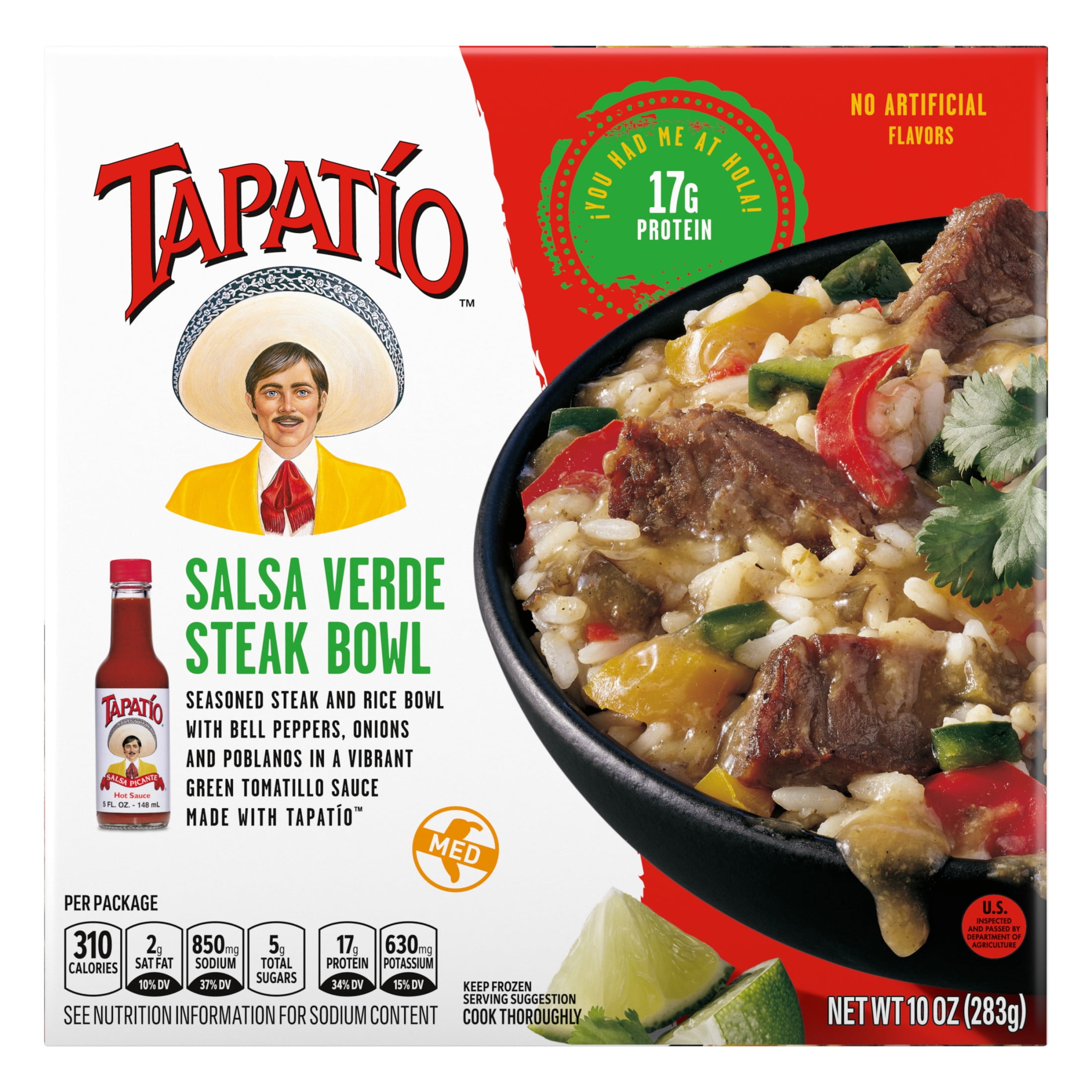 Tapatio Salsa Verde Steak Bowl Mexican Microwave TV Dinner with Tapatio Hot Sauce Entree Food Meal, 10 oz (Frozen)