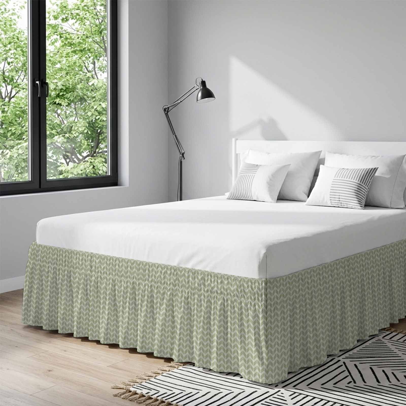 Bed Skirt Striped Adjustable Elastic Wrap-Around Dust Ruffle with Abstract Chevron White Line Sage Green Bohemian 18 Inch Drop, Bed Frame Cover for Queen Size Bed