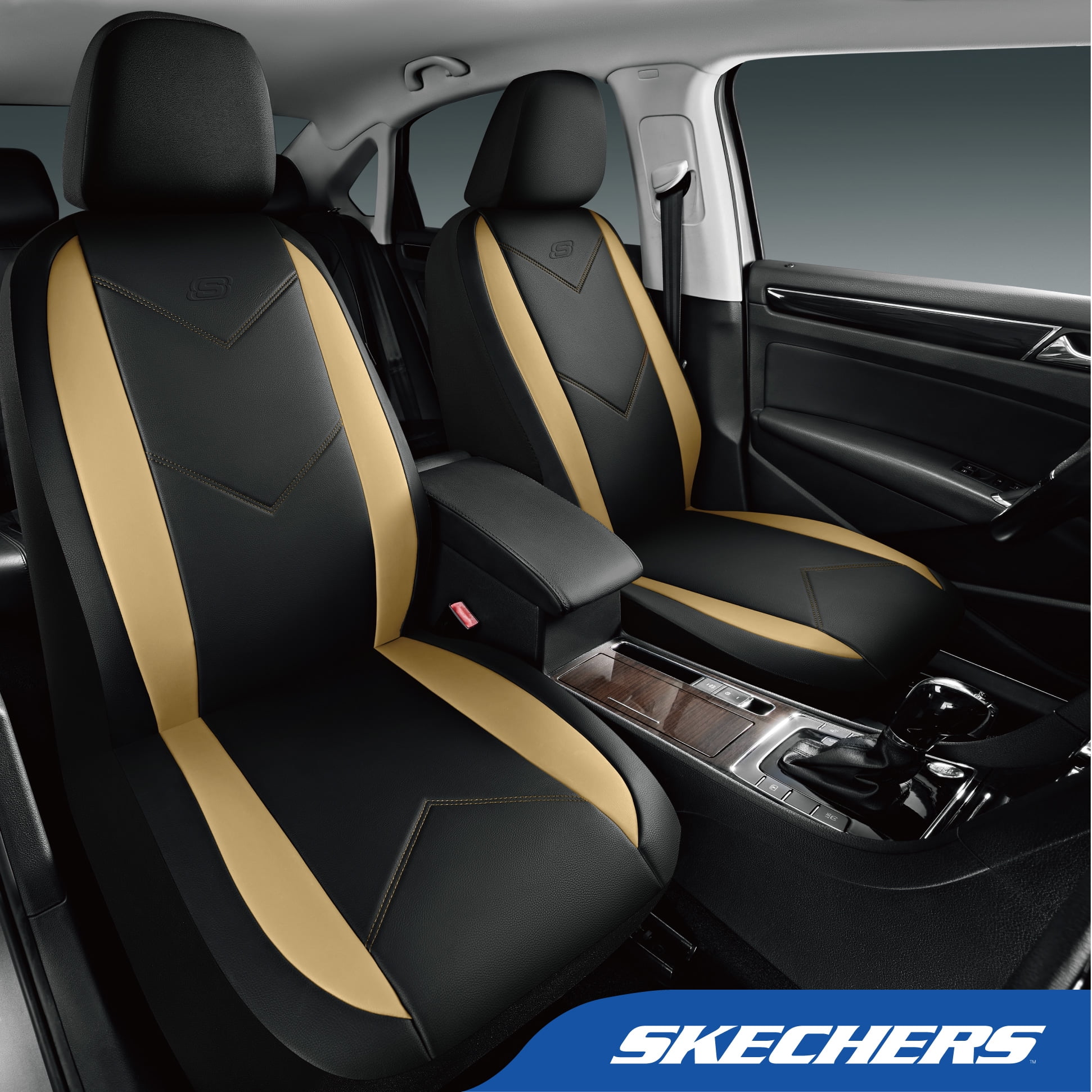Skechers Sport Leather Car Seat Cover – Front Seat Premium Comfort, Breathable Design, Universal Fit for Cars, SUVs, and Trucks - Beige