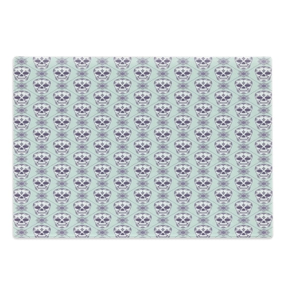 Sugar Skull Cutting Board, Flower Pattern with Skulls on Geometric Floral Damask Background, Decorative Tempered Glass Cutting and Serving Board, Large Size, Pale Blue Purple White, by Ambesonne