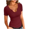 thumbnail image 2 of Women's Summer Tops Slim Fitted Short Sleeve Cut V Neck Plain Tshirts Blouses Base Going Out Tees (M, Wine), 2 of 6