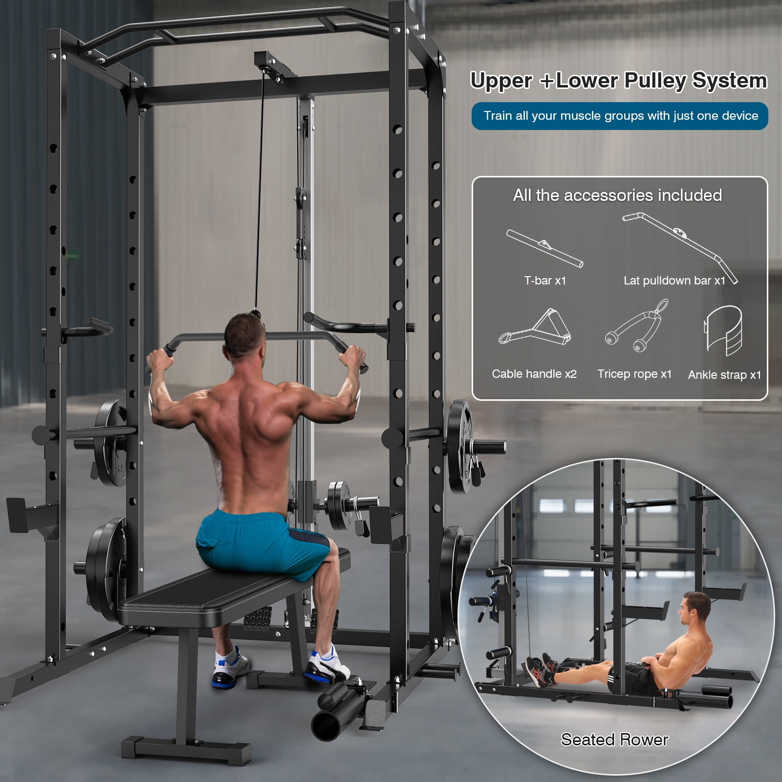 ULTRA FUEGO Power Cage, Multi-Functional Power Rack with J-Hooks, Dip Handles, Landmine Attachment and Optional Cable Pulley System for Home Gym,BLK