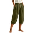 thumbnail image 4 of Capri Pants for Women Linen Wide Leg Loose Fit with Drawstring Elastic Waist Casual Summer Cuffed Pants with Pockets, M, 4 of 6