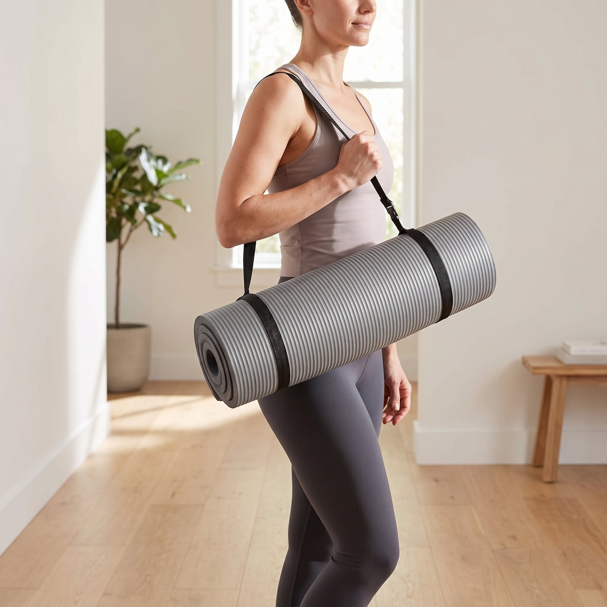 ZHANGJIA 71x24 Inches Extra Thick Yoga Mat 1-Inch High-Density Foam – Roll-Up Exercise Pad with Double-Sided Non-Slip Surface and Carrying Strap for Pilates and Home Workouts Gray