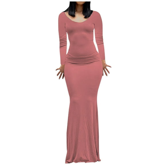 Women's Long Sleeve Scoop Neck Slim Fitted Maxi Long Dress Solid Color Sexy Stretchy Floor Length Mermaid Long Dress