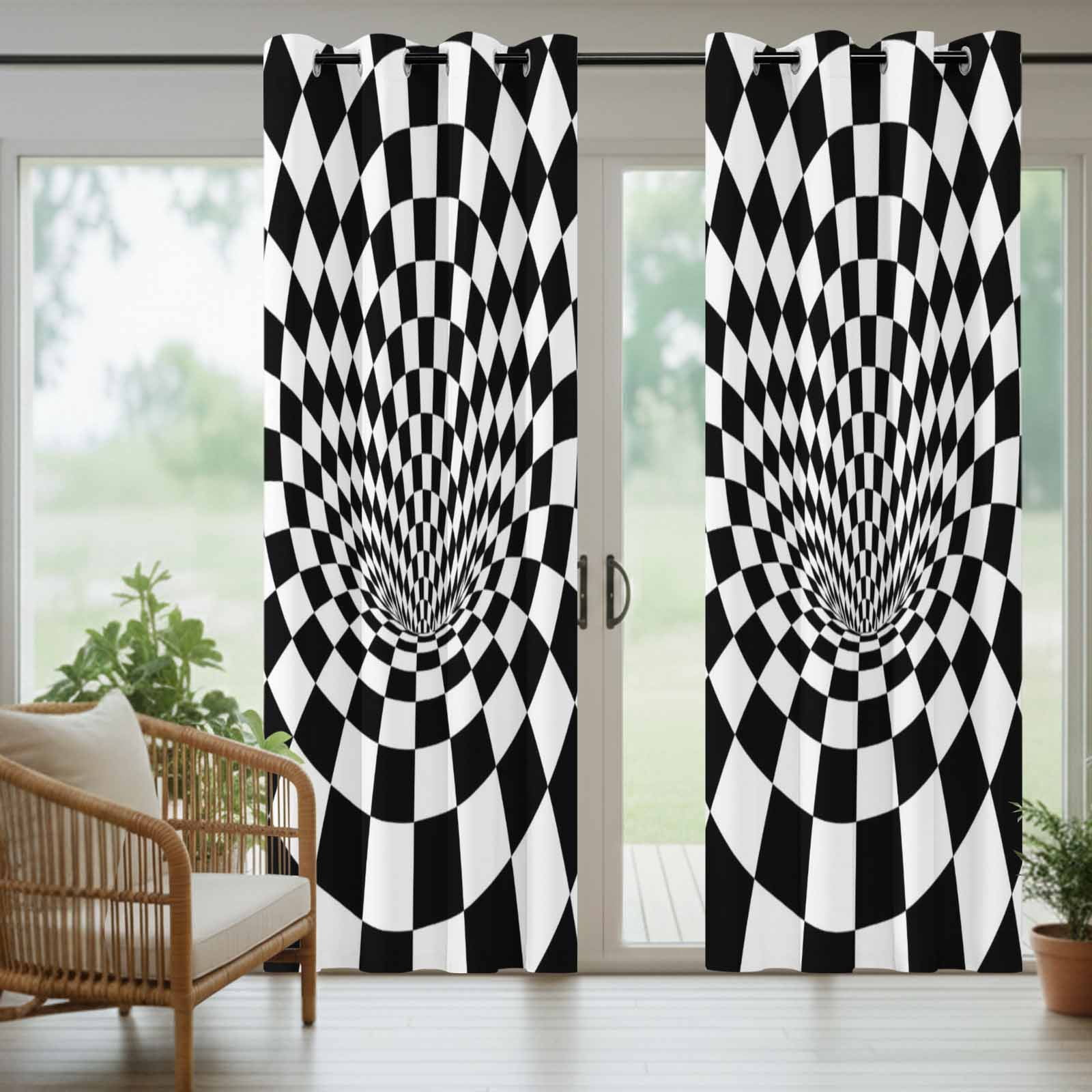 Black White Checker Outdoor Curtains for Patio, Modern Abstract Checkered Tunnel Mosaic Cubes Sunshade Privacy Drapes Grommet Waterproof Outside Curtains for Porch/Cabana/Balcony 54"x 108", 1 Panel