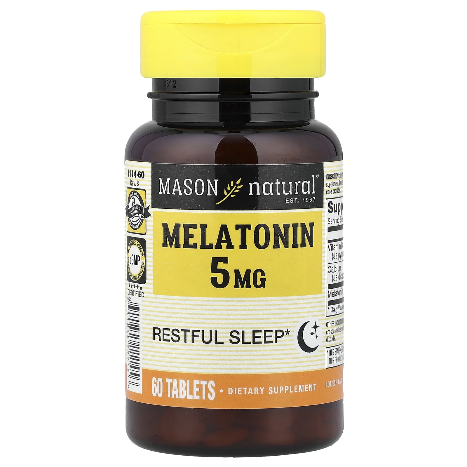 Mason Natural Melatonin 5 mg with B6 and Calcium - Natural Sleep Aid, Supports Healthy Sleep & Rest, 60 Tablets