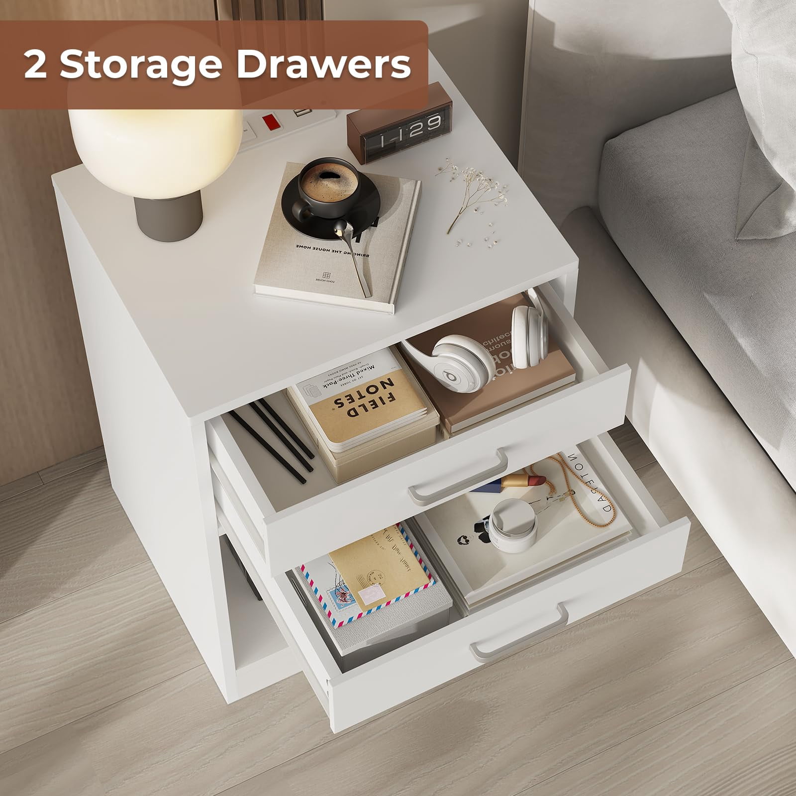 Afuhokles Nightstand Set of 2,White Bedside Table with Charging Station 2 Drawers