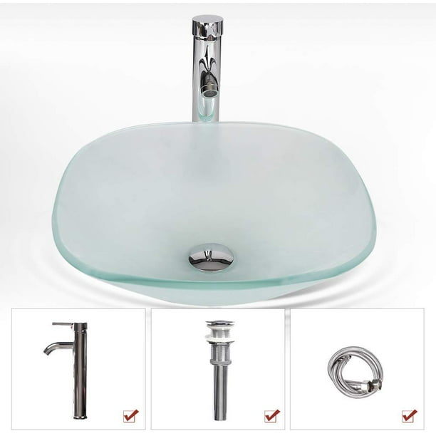 Elecwish Bathroom Sink And Faucet Combo Tempered Glass Vessel Basin Washing Bowl Set Vanity Countertop With Chrome Pop Up Drain Water Pipe For Lavatory Frosted Com Elecwish Bathroom Sink And Faucet Combo, Glass Bowl Vanity Set