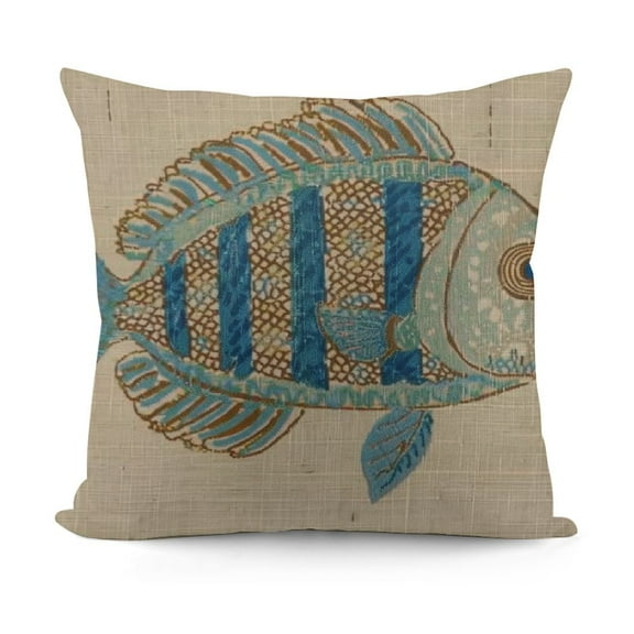 Embroidered Fish Throw Pillow with Down Filling, Aqua,