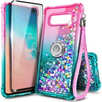 Nagebee Case for Samsung Galaxy S10 / S10  Plus / S10e with Screen Protector (Soft Full Coverage), Glitter Sparkle Flowing Liquid Bling [Ring Holder & Wrist Strap] Women Cute (Pink/Aqua)