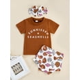 thumbnail image 2 of Bagilaanoe Baby Girls Summer Outfits Letter Print Short Sleeve T-shirt Tops and Shell Print Casual Shorts Headband 3pcs Set, 2 of 9