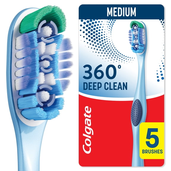 Colgate 360 Deep Clean Toothbrush Pack, Medium Adult Toothbrushes, 5 Pack