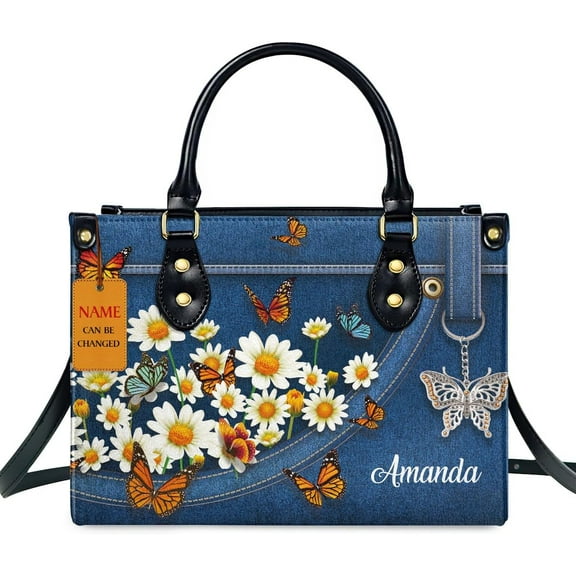 Customized Leather Handbags For Women - Christmas Gifts For Women - Christian Gift, Daisy & Butterfly Background, Custom Name Bag
