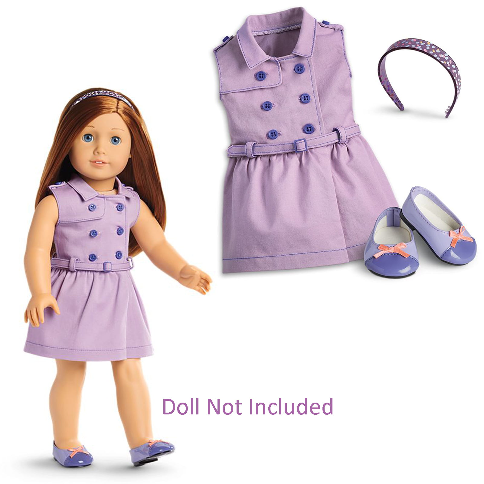 American Girl Truly Me TRAVEL IN STYLE DRESS Outfit Purple ballet shoes headband 