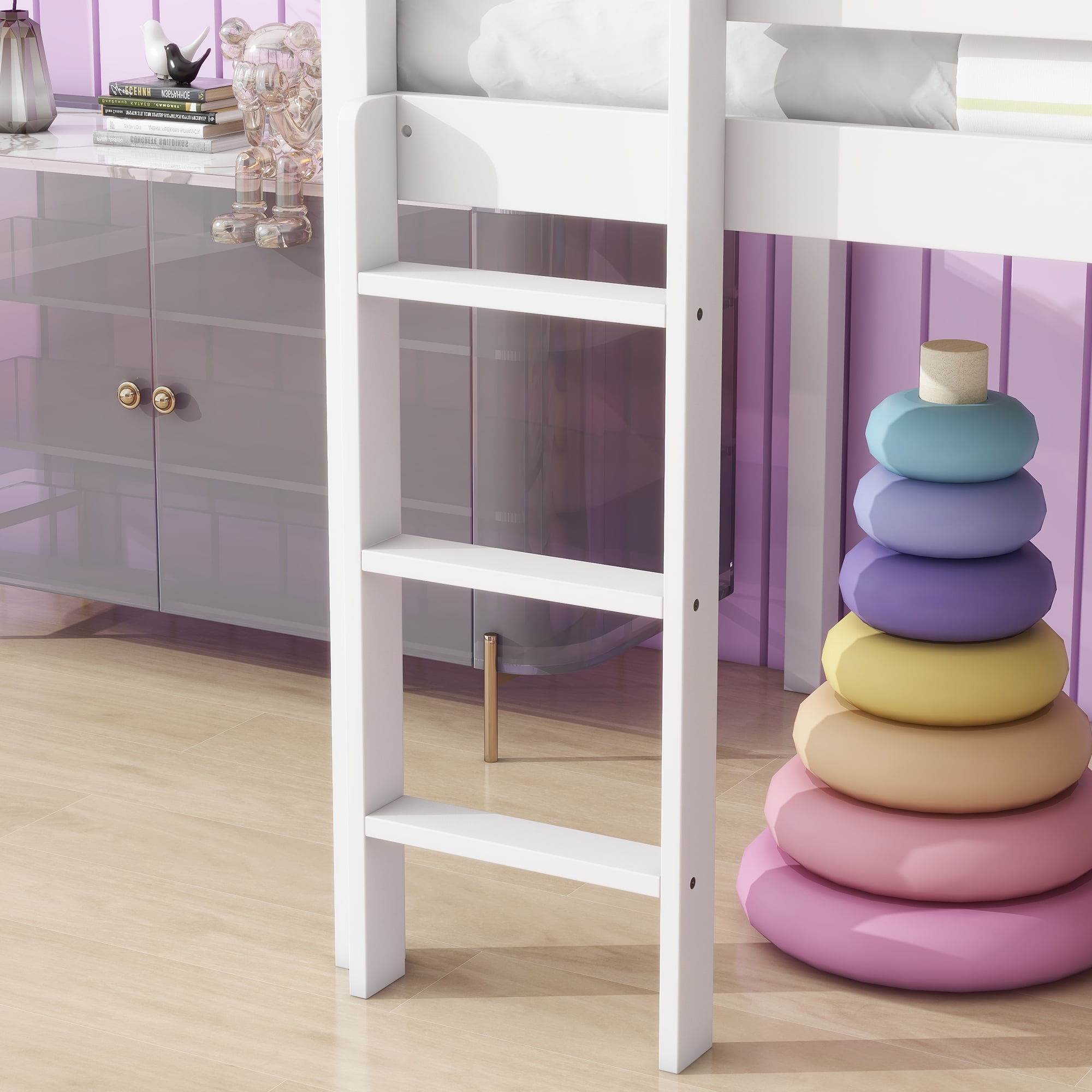 EUROCO Wood Twin Loft Bed with Vertical Ladder and Slide, Low Profile Space-Saving Kids Storage Loft Bed, White