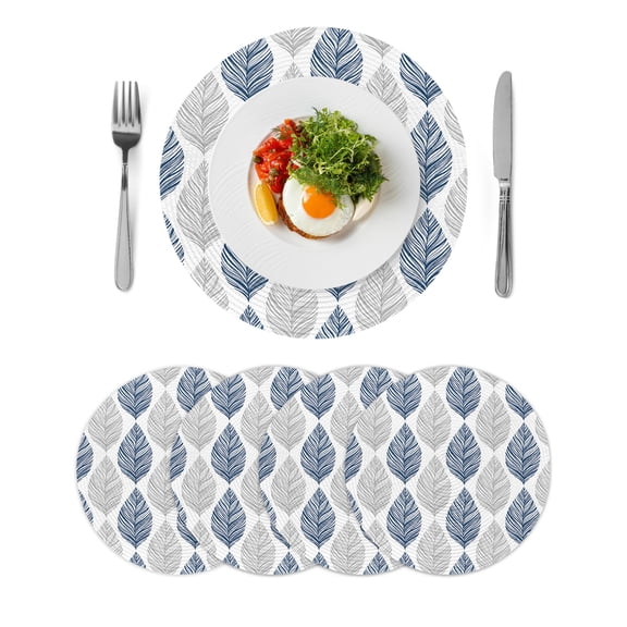 Navy Blue Grey Leaves Round 13 Inch Placemats Set of 4, Summer Tropical Plant Aesthetics HeatResistant Non Slip Place Mats for Dining Table, Wipeable Braided Kitchen Table Mats for Housewarming