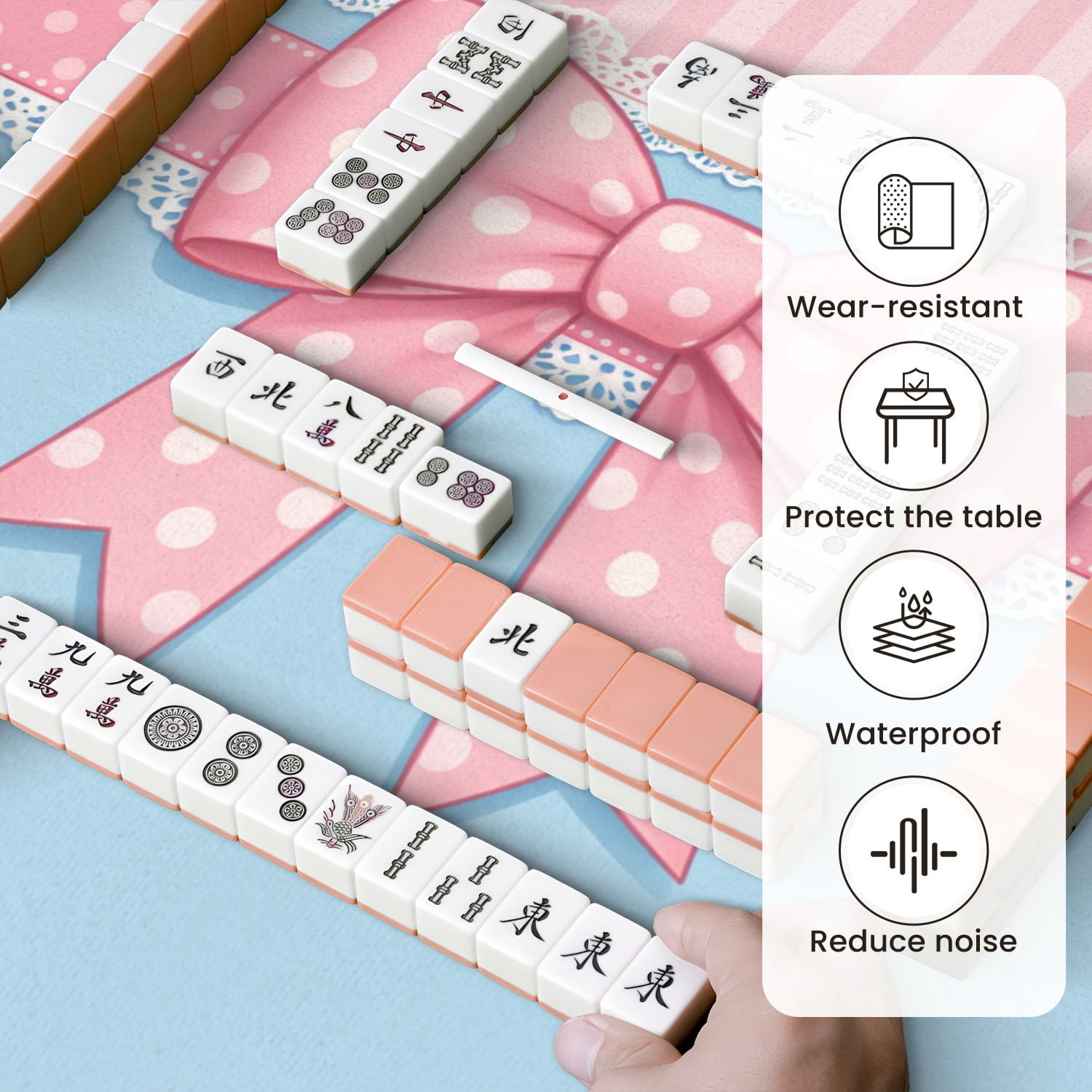 Mahjong Mat 31.5" x 31.5" Pink Polka Dot Bow Lace Trim Blue Pink Striped Non-Slip Noise Reduction Mahjong Tiles Table Cover for Dominoes Poker Card Board and Tile Games