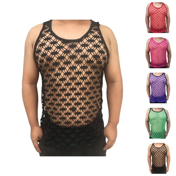 Mesh Fishnet Tank Tops Men Hollow out See through Fitted Muscle Sleeveless Shirt Nightclub Workout Beach Shirts