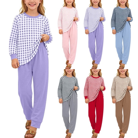 Lovzfmll Loungewear Set for Boys & Girls, Plaid Long Sleeve Top & Joggers, Cozy Sleep Set for Little Girls, 9-10 Years