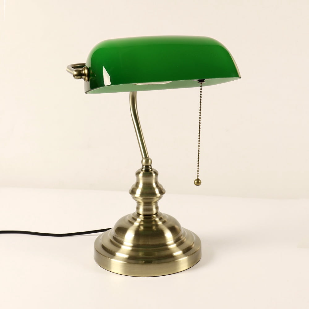 Green Glass Bankers Desk Lamp,14.17"H, Brass Finish Base(Bulb Not Included)