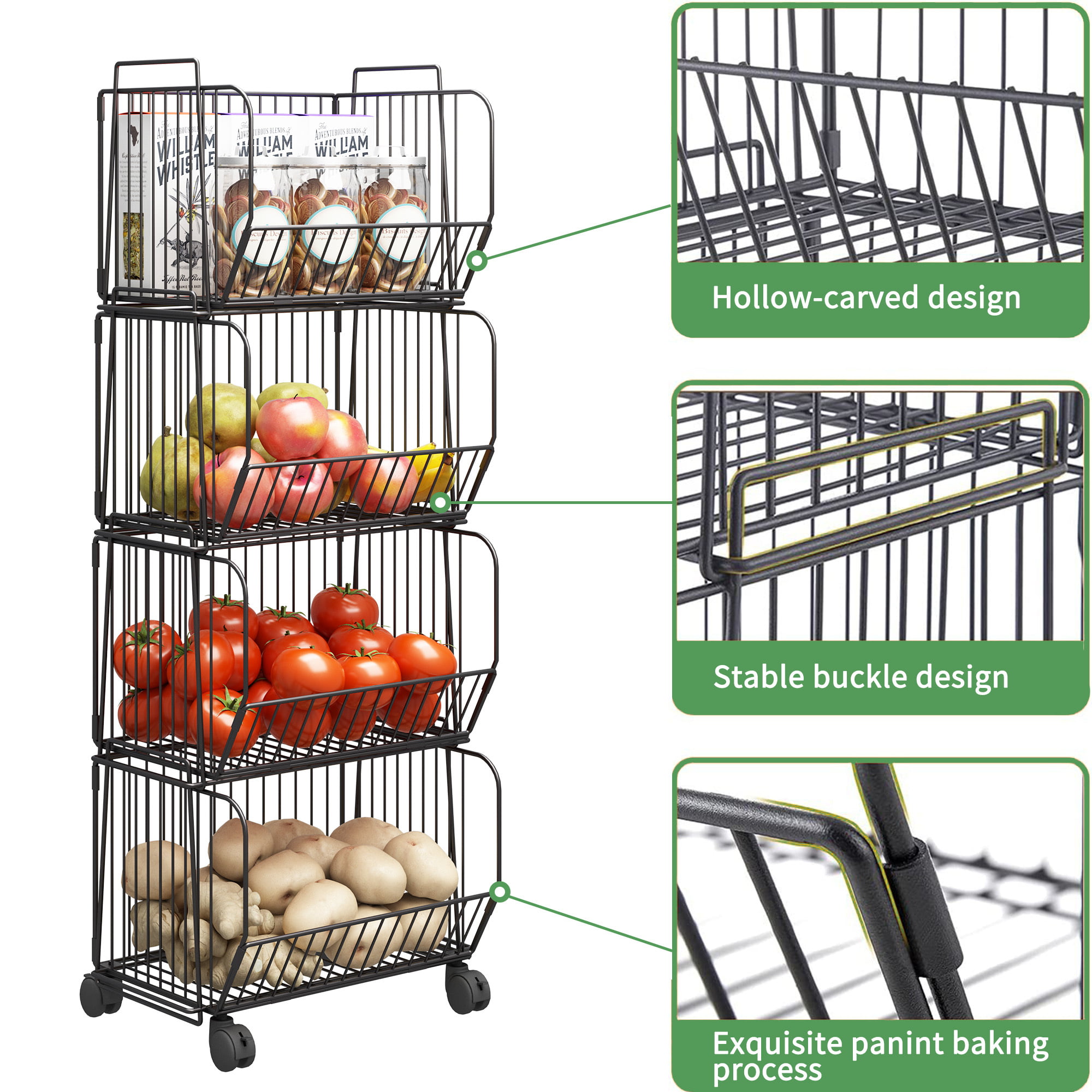 Mchoter Fruit Vegetable Storage Basket for Kitchen - 4 Tier Slim Stackable  Metal Wire Basket Cart with Rolling Wheels Utility Rack Onions Potatoes  Organizer Bins for Kitchen Pantry Black - Yahoo Shopping
