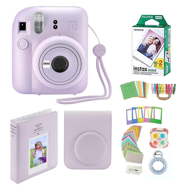 Cámara Fujifilm Instax Mini 12 con funda, 20 películas y acceso.