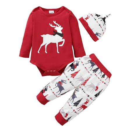 

Kucnuzki 6 Months Baby Boy Winter Outfits Pants Sets 9 Months Long Sleeve Christmas Elk Prints Hooded Tops Elastic Pants Hat 3PCS Set Red