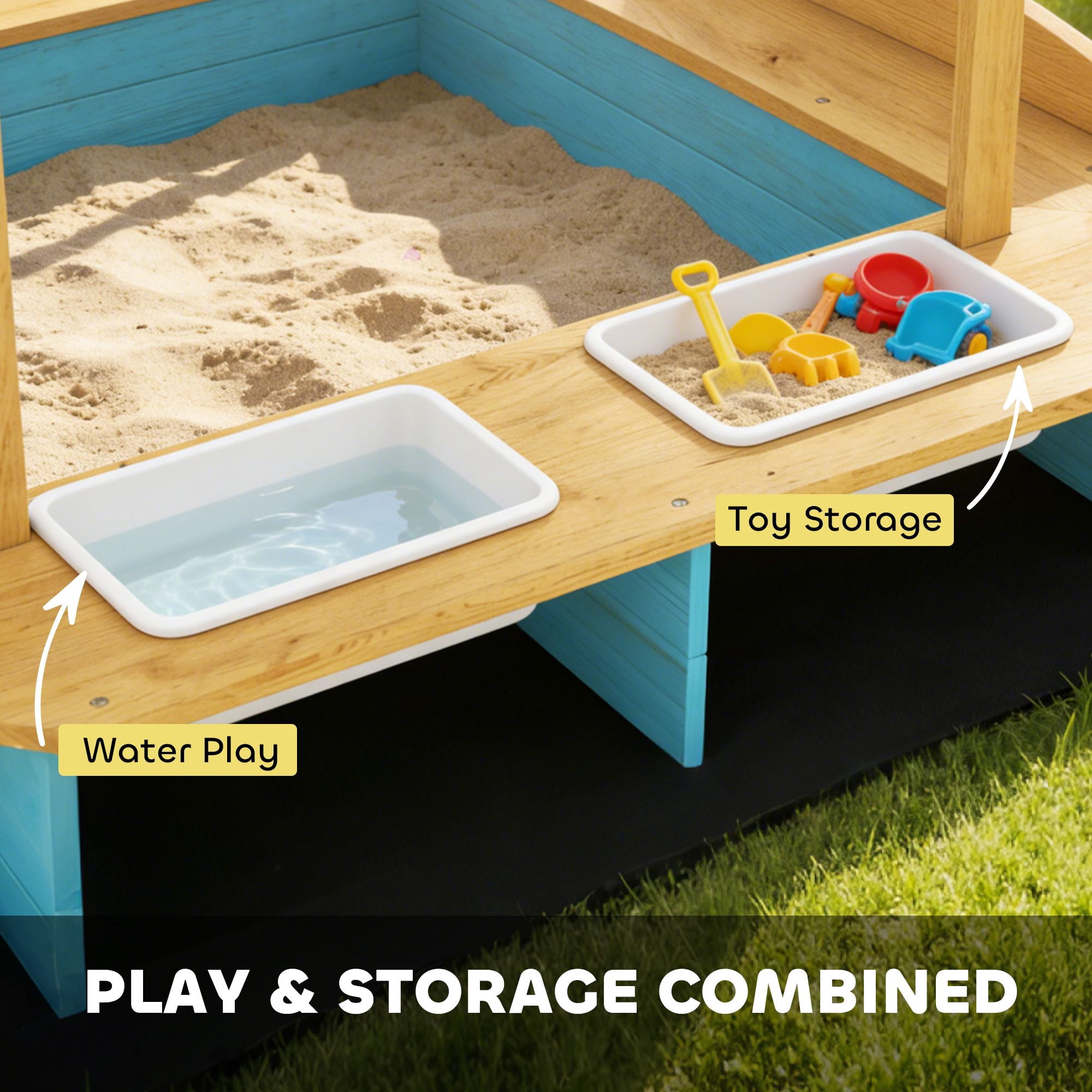 Wooden Kids Sandbox with Dinosaur Print Canopy, 3-Sided Bench Seats for 6 Children, Removable Storage Boxes Bottom Liner Fir Wood Outdoor Sand Play Pit for Backyard Ages 3-6 Blue