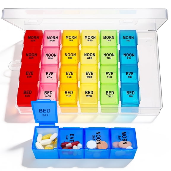 Weekly Pill Organizer 4 Times a Day, 7-Day Pill Boxes AM PM with 28 Compartments, Large Compartments Pill Case, Portable Travel Container for Fish Oils, Vitamin Holder Supplement