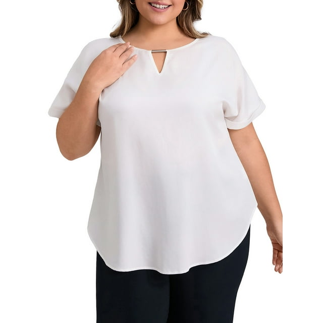 BLUSAS DE TALLA GRANDE GRACE & GRANDEUR PARA MUJERES, CON PU?OS DOBLADOS, MANGA CORTA, CUELLO CON ABERTURA, DETALLES METáLICOS, CAMISETAS CASUAL ELEGANTES TALLA 3X, BLANCA
