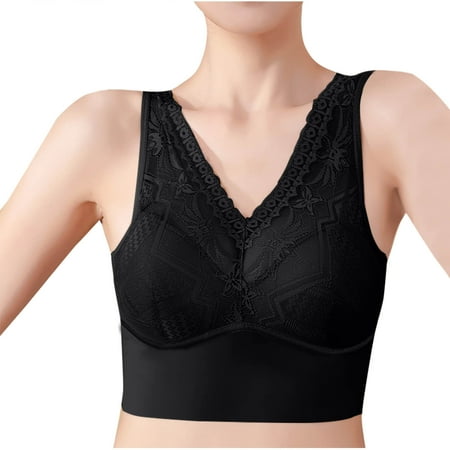 Gnurob Women s Plus Size Bra Lace Wireless Bras Deep V Neck Brassiere Full Coverage Sheer Bralette Push Up Bralettes Hide Back Fat lingerie Crop Top Everydaywear Clearance Saving Black X-Large