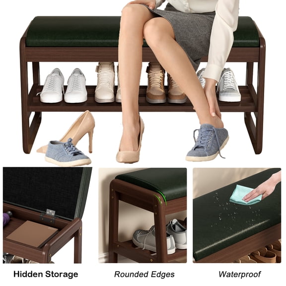 Solid Wood Entryway Bench with Shoe Storage, Soft Cushion, 2-Tier Shoe Rack & Lift-Top Hidden Space for Hallway, Front Door, Living Room