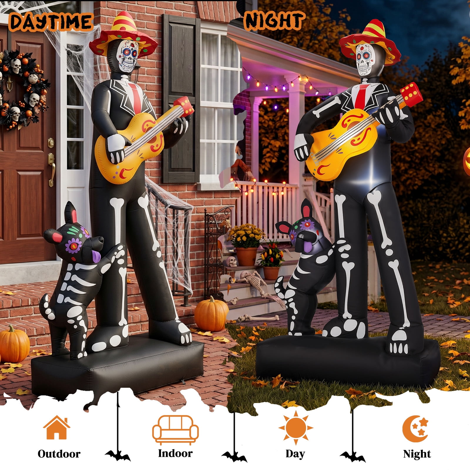 Astoutdoor Halloween Inflatable Ghost Musician with Dog, 6 LEDs, Black White Orange, 86.6 in Tall