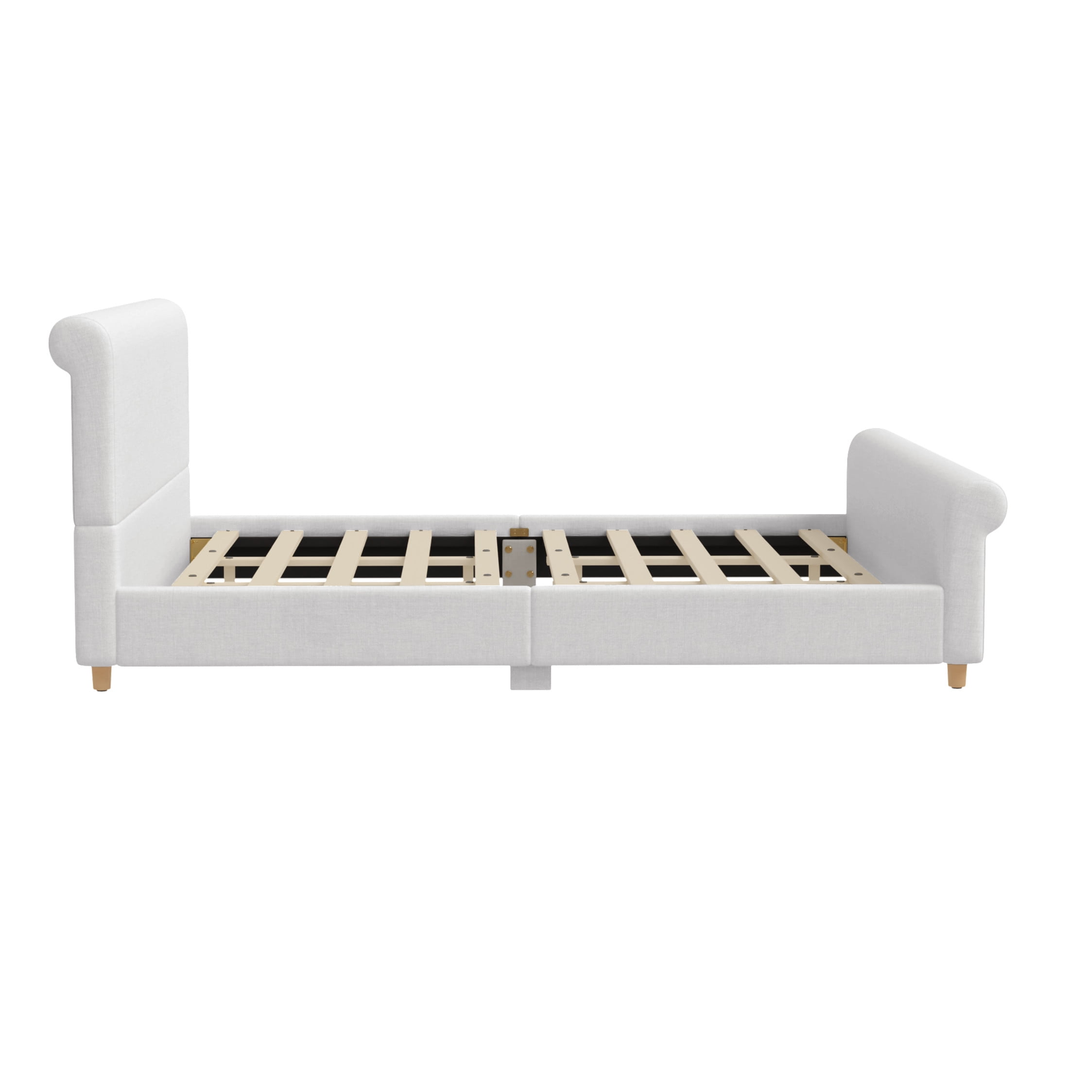 GDF Studio Flora King Size Upholstered Sleigh Bed Frame with High Headboard, Solid Wood Legs & Slats Support, Beige