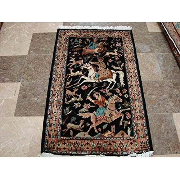 wesome 3 Horses King Hunting Hand Knotted Fine Rug Carpet (4 x 2.6)'
