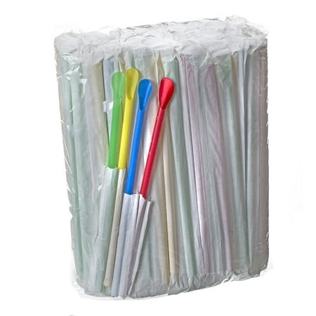Bag of 200 Spoon Straws, Individually Wrapped, Multi Colored for Shaved Ice or Snow