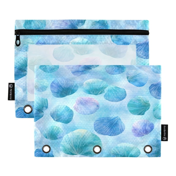 2 Pack 3 Ring Binder Pouch with Clear PVC Window Water Resistant Zipper Pencil Pouch Watercolor Seashells Pattern Binder Pocket for Classroom Office Home Stationery Organization