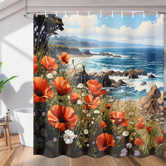 Coastal Beach Flower Shower Curtain, Waterproof Fabric Shower Curtain, Washable Polyester Bath Curtain for Bathroom Decor 36"W X 72"H