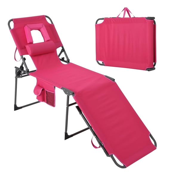 Comfortable Folding Patio Tanning Chair with Face Hole – 5-Position Adjustable Backrest, Pillow, Side Pocket, Portable Outdoor Chaise Lounge for Garden, Poolside, Beach, Backyard – Pink