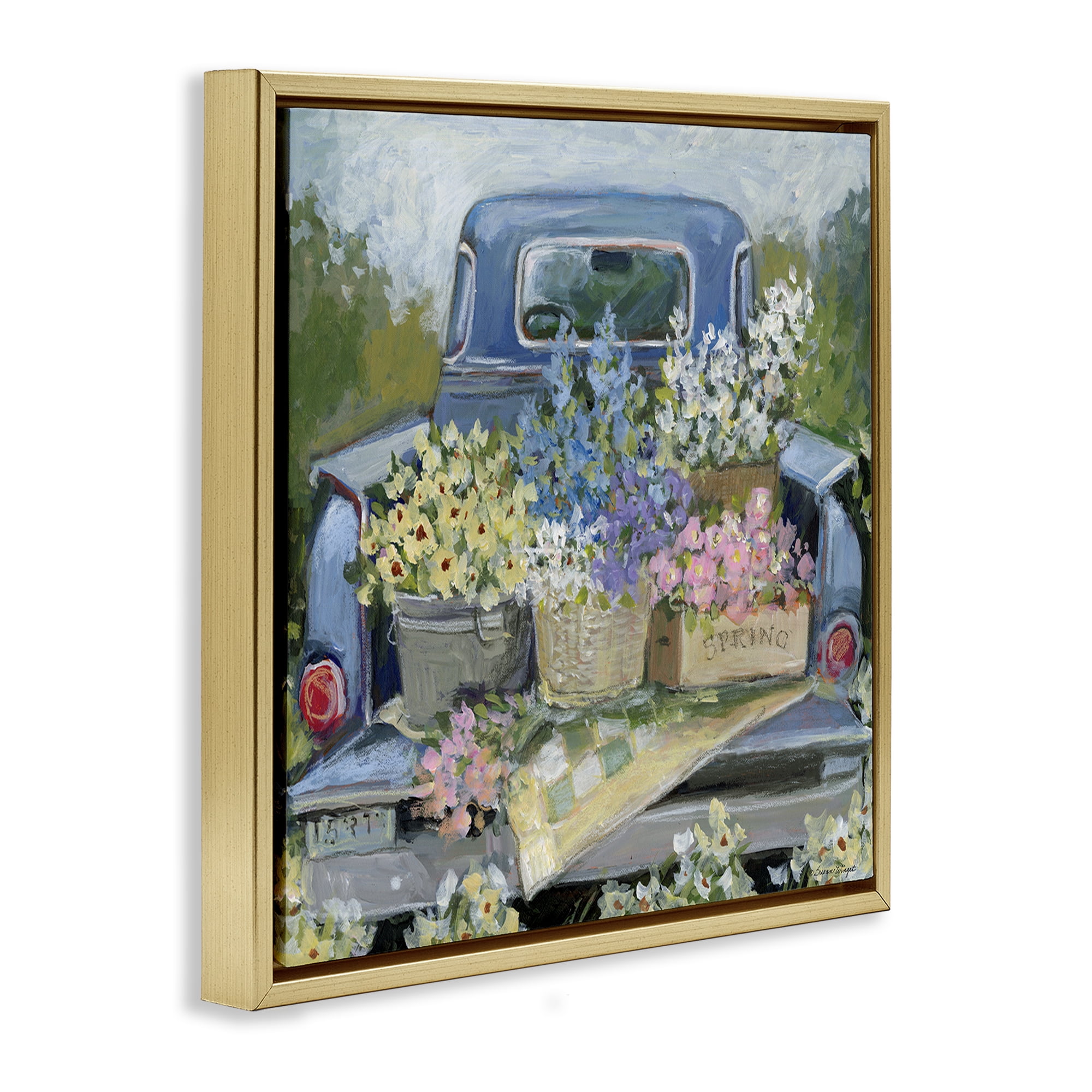 Stupell Industries Truck Bed with Flowers Gold Framed Floater Canvas Wall Art, design by Susan Winget