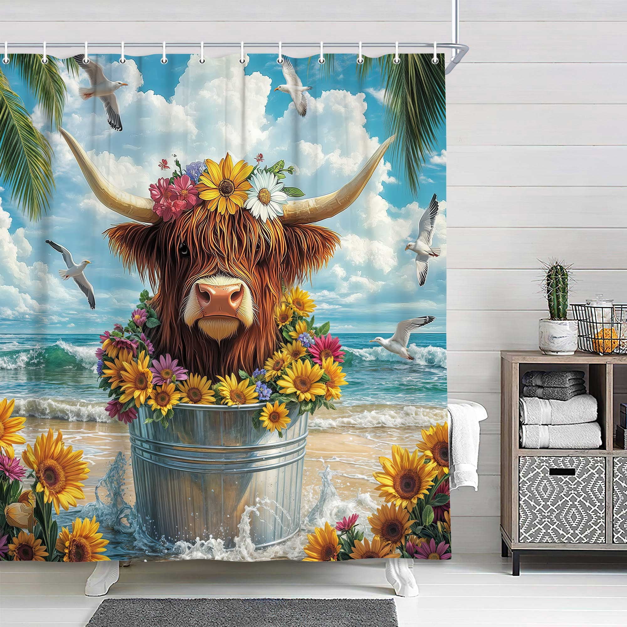Beach Cow Shower Curtain, Farmhouse Western Rustic Floral Funny Highland Cow Bathroom Shower Curtain Set, Summer Ocean Cute Farm Animal Sunflower Bathroom Accessories Decor, Hooks Included,72x72In