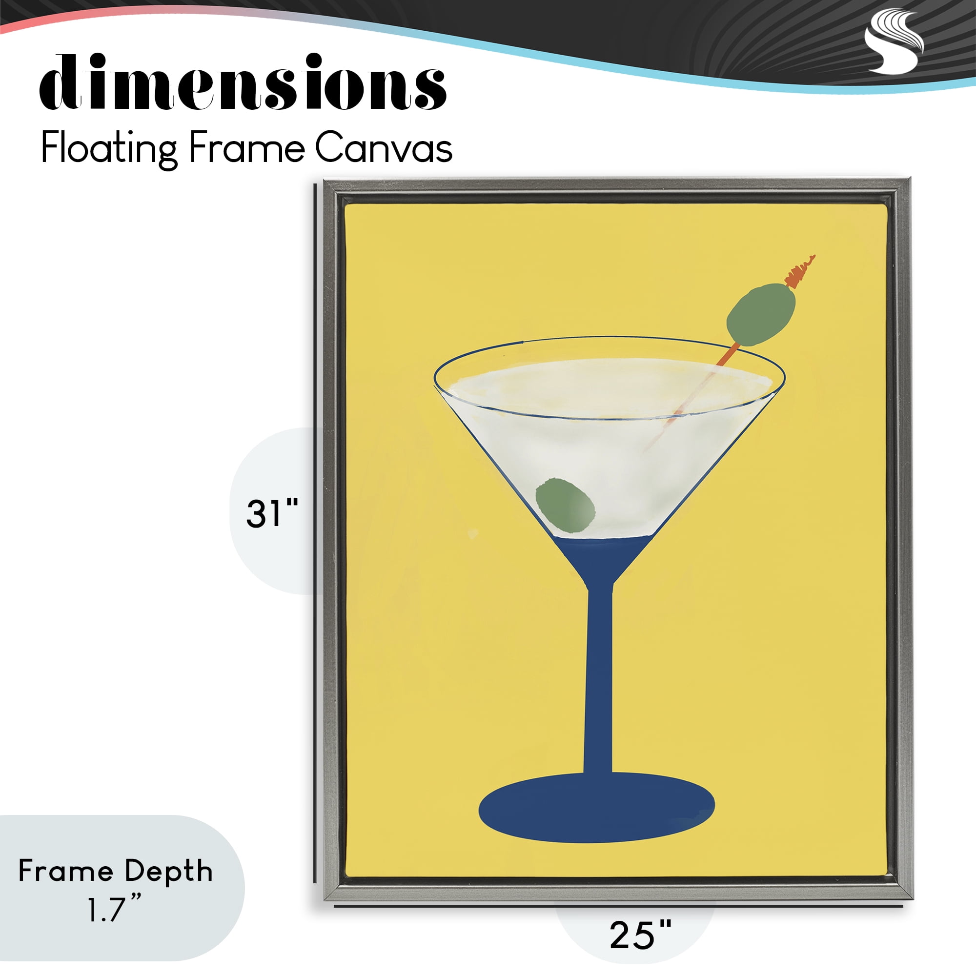 Stupell Industries Martini Glass over Yellow Gray Framed Floater Canvas Wall Art, design by Robin Maria