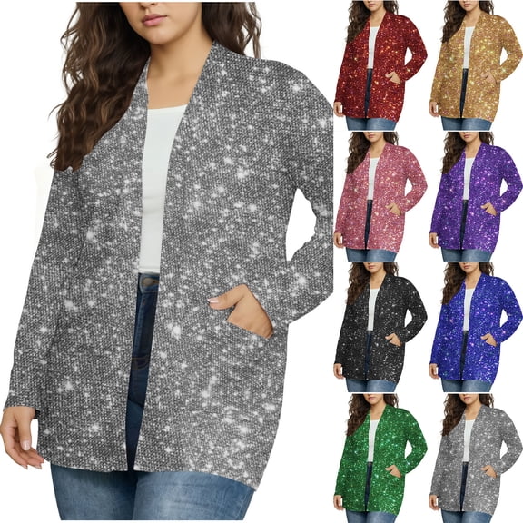 Hinvhai Women's Sequin Jacket Open Front Long Sleeve Blazers Party Sparkly Cardigan Coat for Club Festival Red XL(XL)