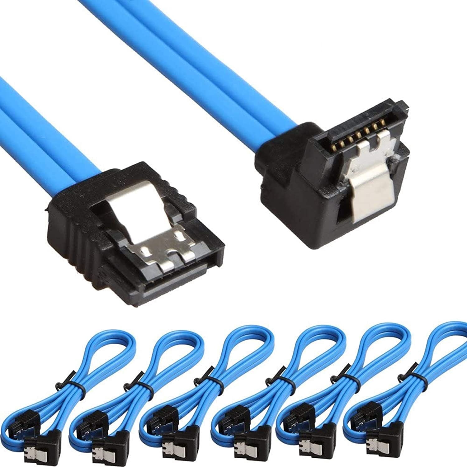 HRTGFD-6 Pack 90 Degree Right-Angle SATA III Cable 6.0 Gbps with Locking Latch 18Inch (6X Sata Cable Blue)