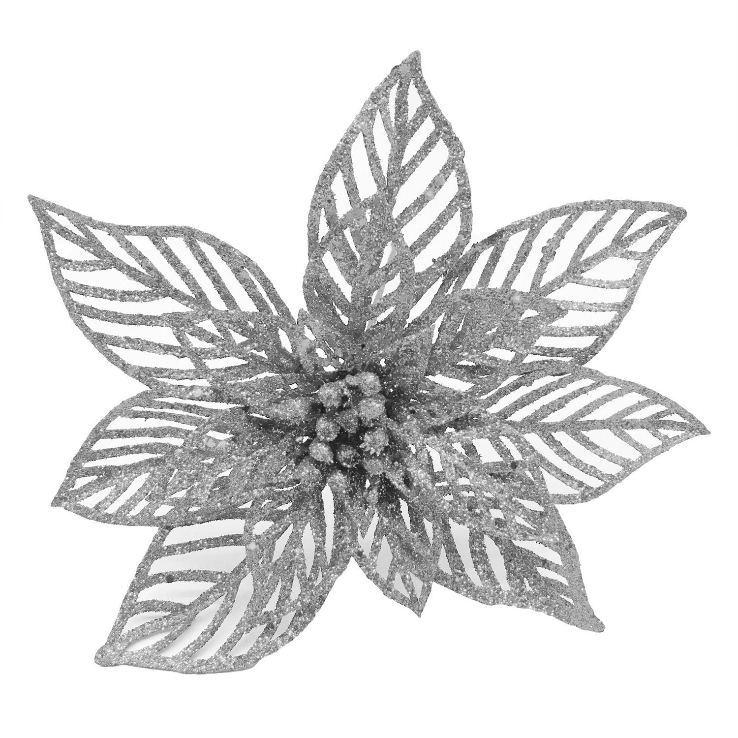 Holiday Time 9IN Silver Glitter Poinsettia Pick, POINSETTIA PICK